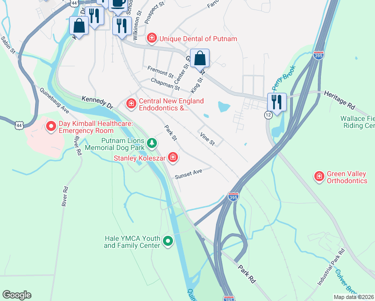 map of restaurants, bars, coffee shops, grocery stores, and more near 118 Park Street in Putnam