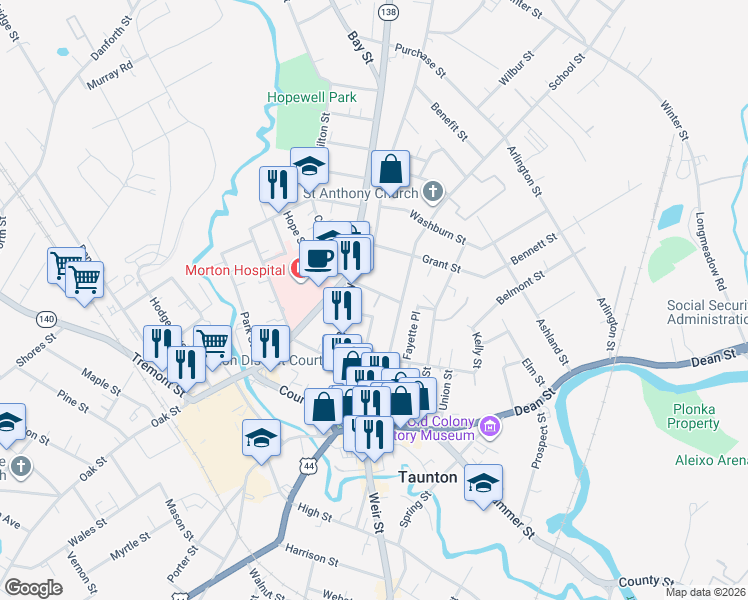 map of restaurants, bars, coffee shops, grocery stores, and more near 10 Dean Avenue in Taunton
