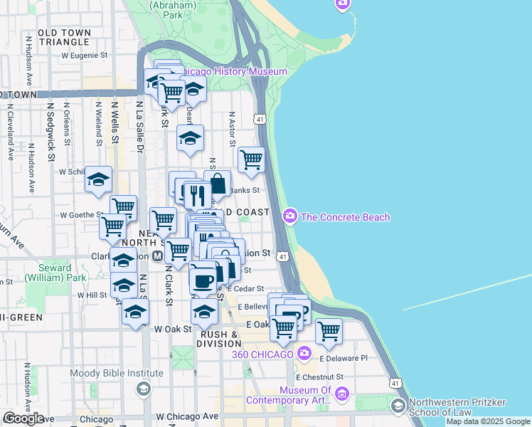 map of restaurants, bars, coffee shops, grocery stores, and more near 1260 North Lake Shore Drive in Chicago
