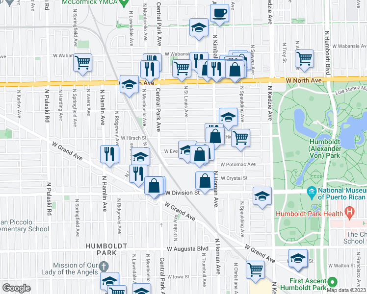 map of restaurants, bars, coffee shops, grocery stores, and more near 3504 West Evergreen Avenue in Chicago