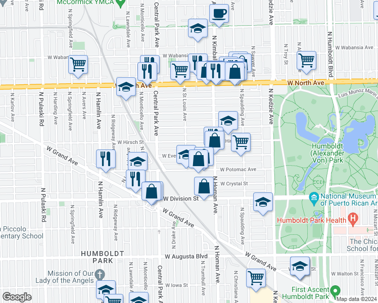 map of restaurants, bars, coffee shops, grocery stores, and more near 3452 West Evergreen Avenue in Chicago