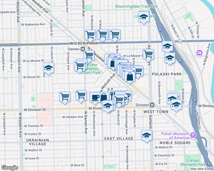 map of restaurants, bars, coffee shops, grocery stores, and more near 1829 West Ellen Street in Chicago