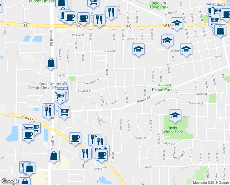 map of restaurants, bars, coffee shops, grocery stores, and more near 509 South 14th Street in Saint Charles