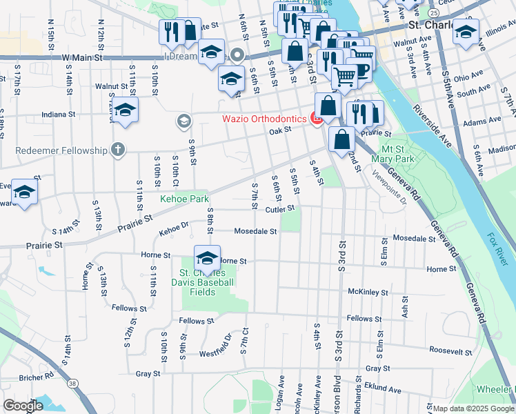 map of restaurants, bars, coffee shops, grocery stores, and more near 712A Cutler Street in Sint Charles