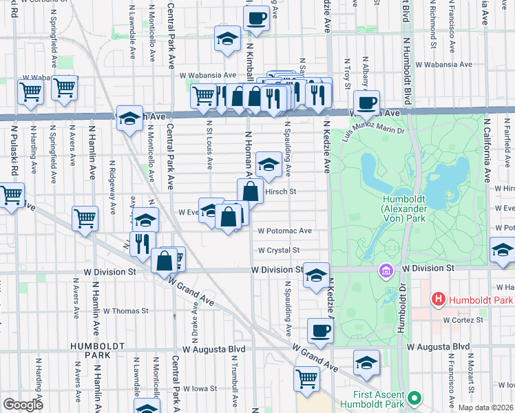 map of restaurants, bars, coffee shops, grocery stores, and more near 3350 West Evergreen Avenue in Chicago