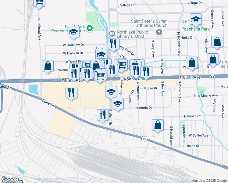 map of restaurants, bars, coffee shops, grocery stores, and more near 33 South Wolf Road in Northlake