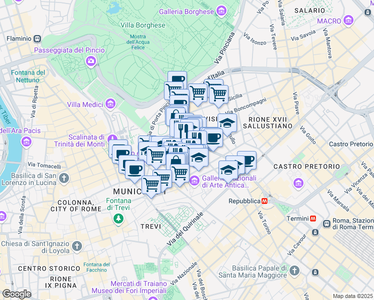 map of restaurants, bars, coffee shops, grocery stores, and more near 89 Via Vittorio Veneto in Roma