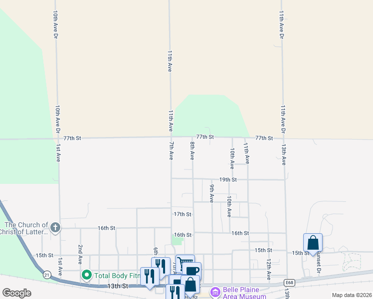 map of restaurants, bars, coffee shops, grocery stores, and more near 1910 8th Avenue in Belle Plaine