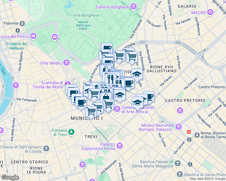 map of restaurants, bars, coffee shops, grocery stores, and more near 89 Via Vittorio Veneto in Roma