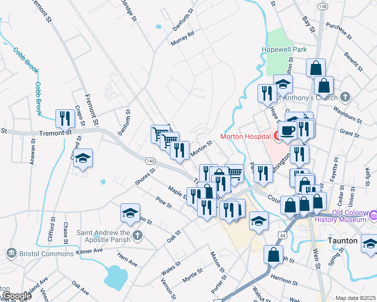 map of restaurants, bars, coffee shops, grocery stores, and more near 20 Dana Street in Taunton