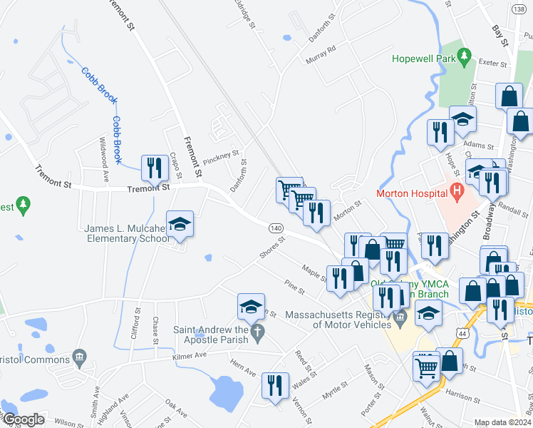 map of restaurants, bars, coffee shops, grocery stores, and more near 53 Massachusetts 140 in Taunton