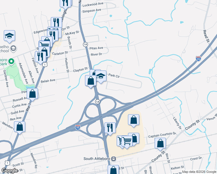 map of restaurants, bars, coffee shops, grocery stores, and more near 33 Picard Road in Attleboro