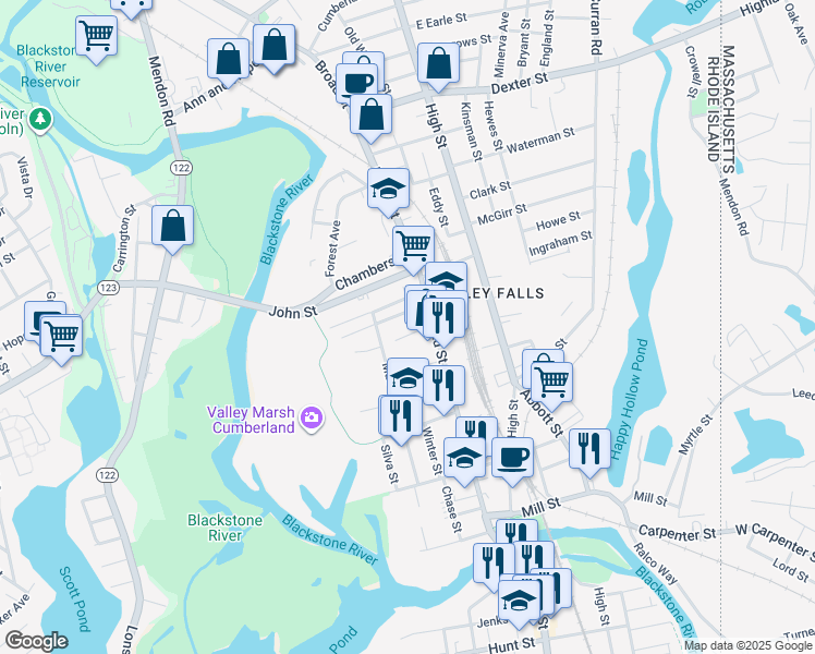map of restaurants, bars, coffee shops, grocery stores, and more near 17 Eli Street in Cumberland