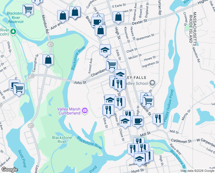 map of restaurants, bars, coffee shops, grocery stores, and more near 17 Eli Street in Cumberland