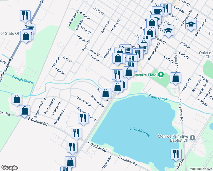 map of restaurants, bars, coffee shops, grocery stores, and more near 1450 South Monroe Street in Monroe