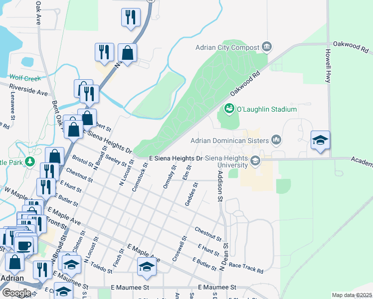map of restaurants, bars, coffee shops, grocery stores, and more near 705 East Siena Heights Drive in Adrian