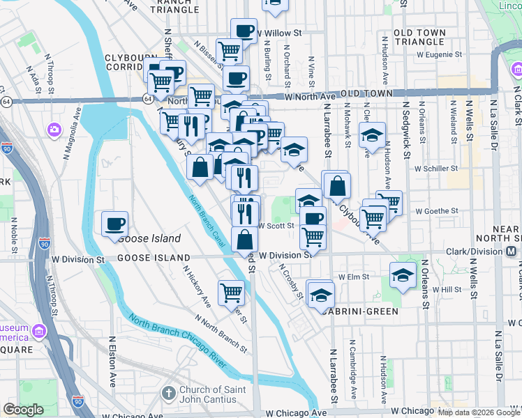 map of restaurants, bars, coffee shops, grocery stores, and more near 1311 North Halsted Street in Chicago
