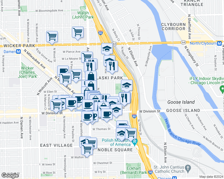map of restaurants, bars, coffee shops, grocery stores, and more near 1310 North Cleaver Street in Chicago