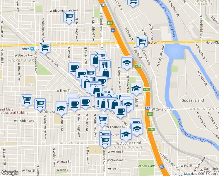 map of restaurants, bars, coffee shops, grocery stores, and more near 1311 North Bosworth Avenue in Chicago