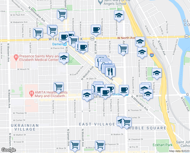 map of restaurants, bars, coffee shops, grocery stores, and more near 1741 West Ellen Street in Chicago