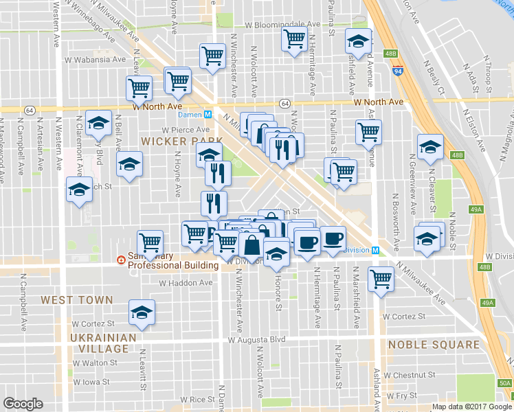 map of restaurants, bars, coffee shops, grocery stores, and more near 1904 West Ellen Street in Chicago