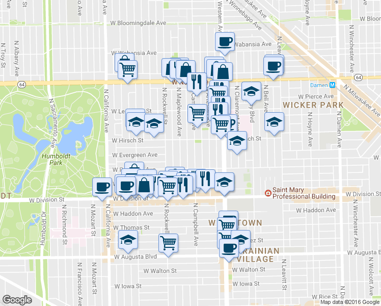 map of restaurants, bars, coffee shops, grocery stores, and more near 1320 North Campbell Avenue in Chicago