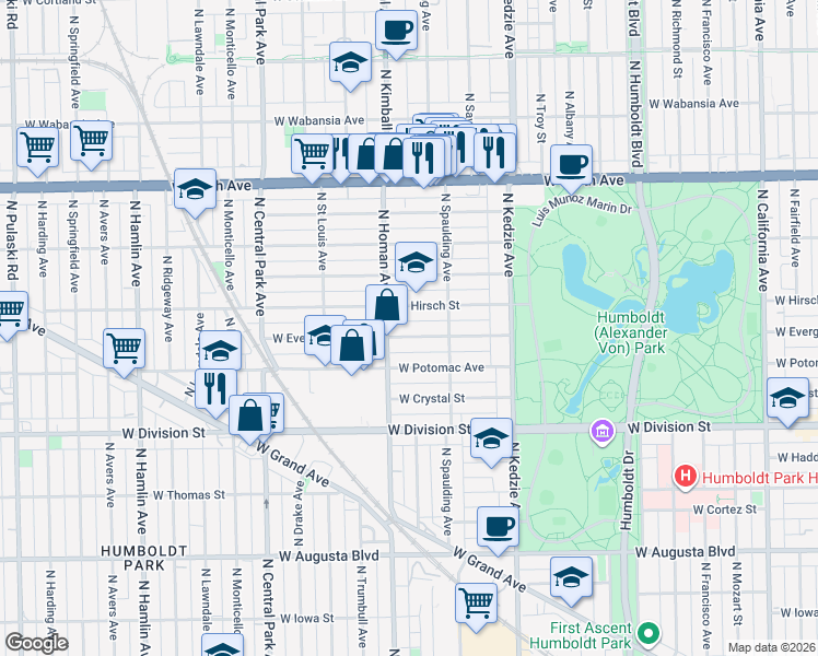 map of restaurants, bars, coffee shops, grocery stores, and more near 3341 West Evergreen Avenue in Chicago