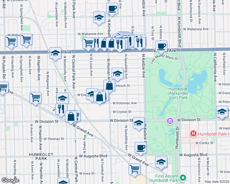 map of restaurants, bars, coffee shops, grocery stores, and more near 3341 West Evergreen Avenue in Chicago