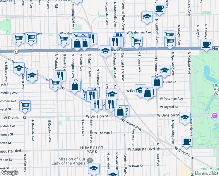 map of restaurants, bars, coffee shops, grocery stores, and more near 1331 North Lawndale Avenue in Chicago
