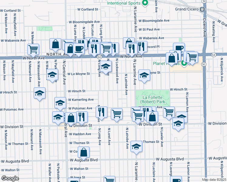 map of restaurants, bars, coffee shops, grocery stores, and more near 5315 West Hirsch Street in Chicago