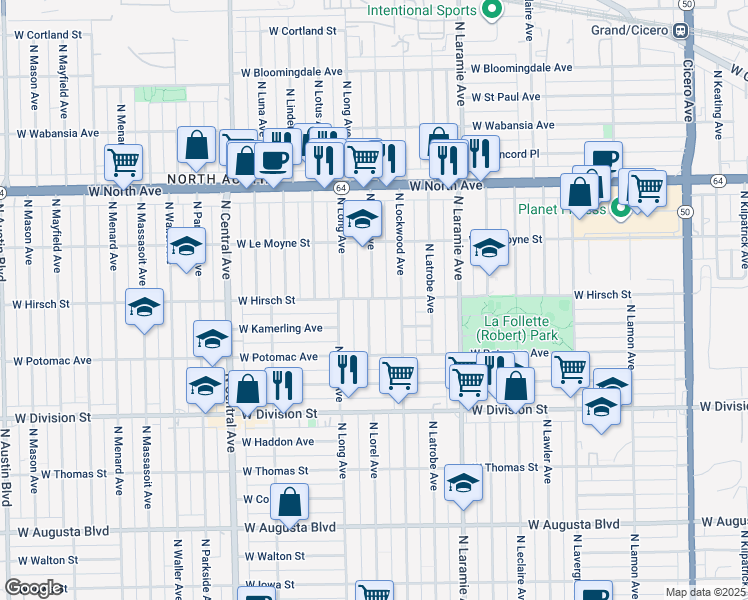 map of restaurants, bars, coffee shops, grocery stores, and more near 5315 West Hirsch Street in Chicago