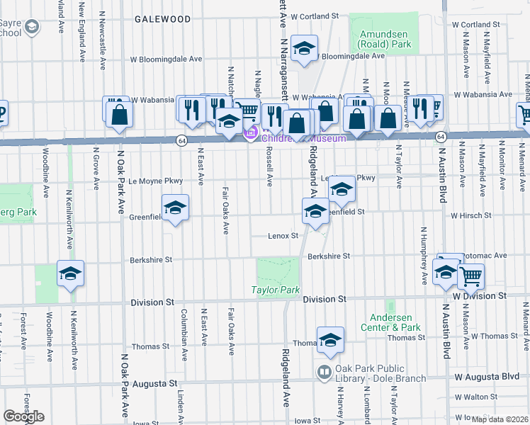 map of restaurants, bars, coffee shops, grocery stores, and more near 451 Greenfield Street in Oak Park