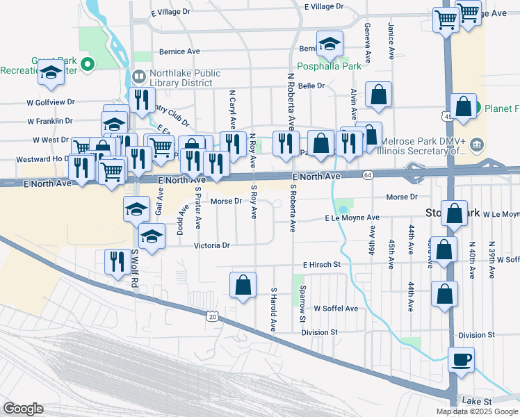 map of restaurants, bars, coffee shops, grocery stores, and more near 111 South Roy Avenue in Northlake