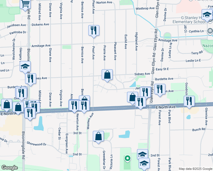 map of restaurants, bars, coffee shops, grocery stores, and more near 438 James Court in Glendale Heights