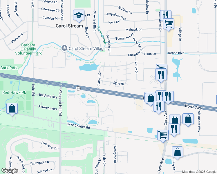 map of restaurants, bars, coffee shops, grocery stores, and more near 331 Sype Drive in Carol Stream
