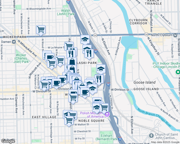 map of restaurants, bars, coffee shops, grocery stores, and more near 1320 North Cleaver Street in Chicago