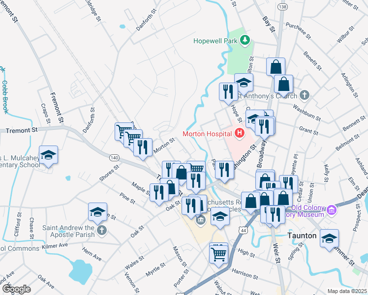 map of restaurants, bars, coffee shops, grocery stores, and more near Chandler Avenue in Taunton