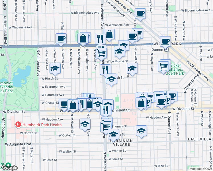 map of restaurants, bars, coffee shops, grocery stores, and more near 1321 North Western Avenue in Chicago