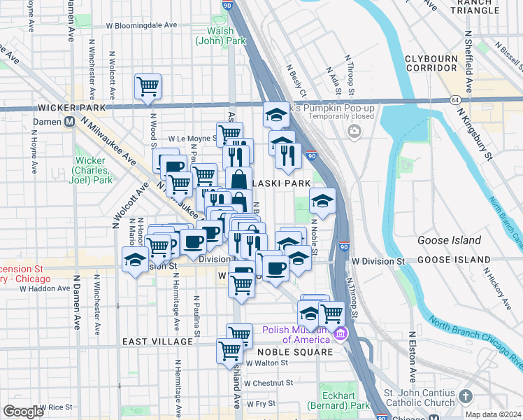 map of restaurants, bars, coffee shops, grocery stores, and more near 1321 North Bosworth Avenue in Chicago