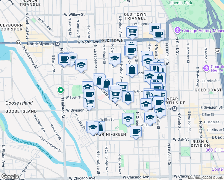 map of restaurants, bars, coffee shops, grocery stores, and more near 450 West Goethe Street in Chicago
