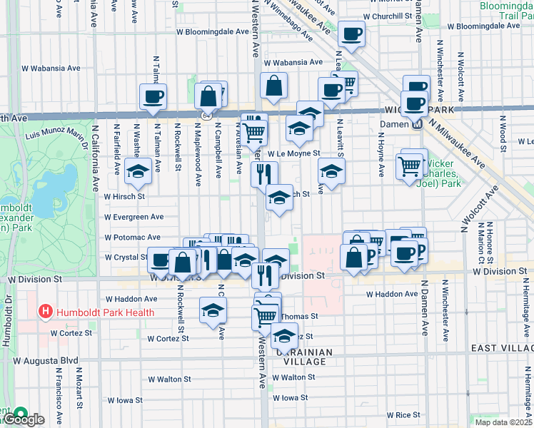 map of restaurants, bars, coffee shops, grocery stores, and more near 1321 North Western Avenue in Chicago