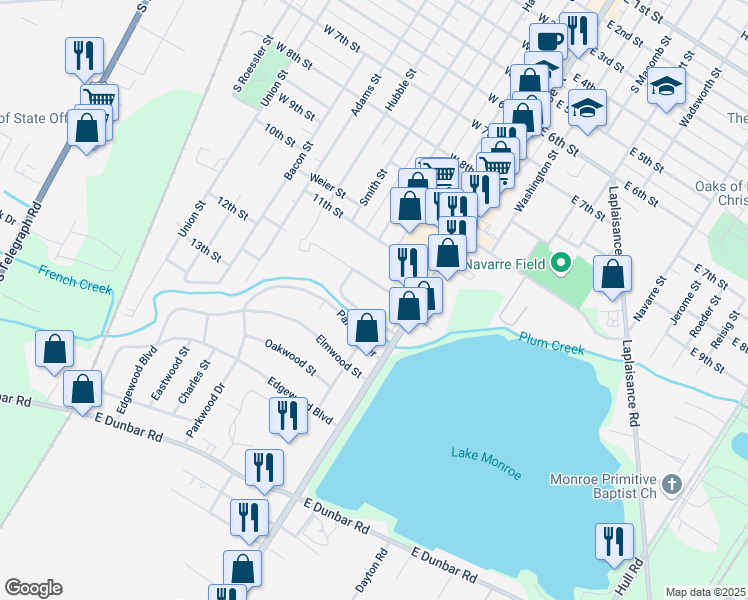 map of restaurants, bars, coffee shops, grocery stores, and more near 1236 South Monroe Street in Monroe
