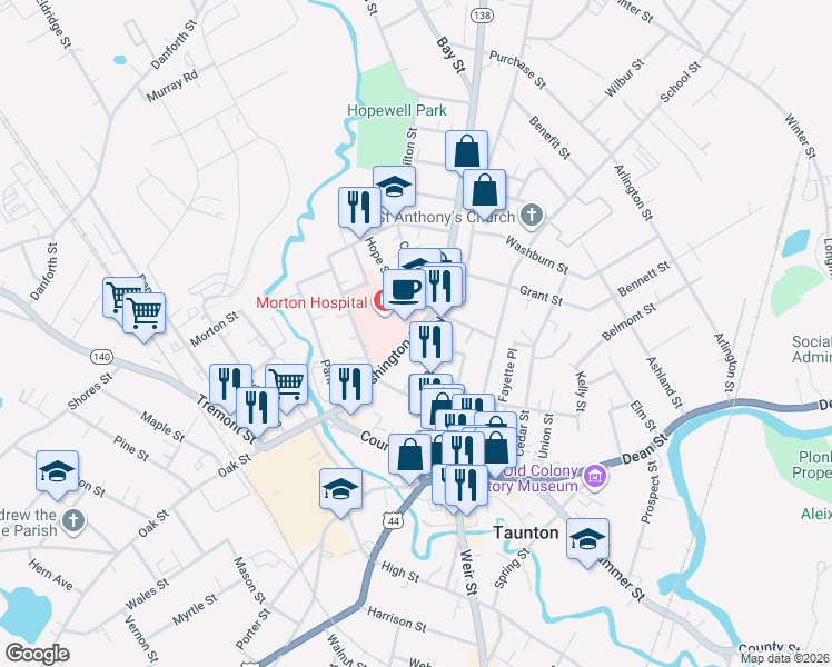 map of restaurants, bars, coffee shops, grocery stores, and more near Washington St & Governor St in Taunton