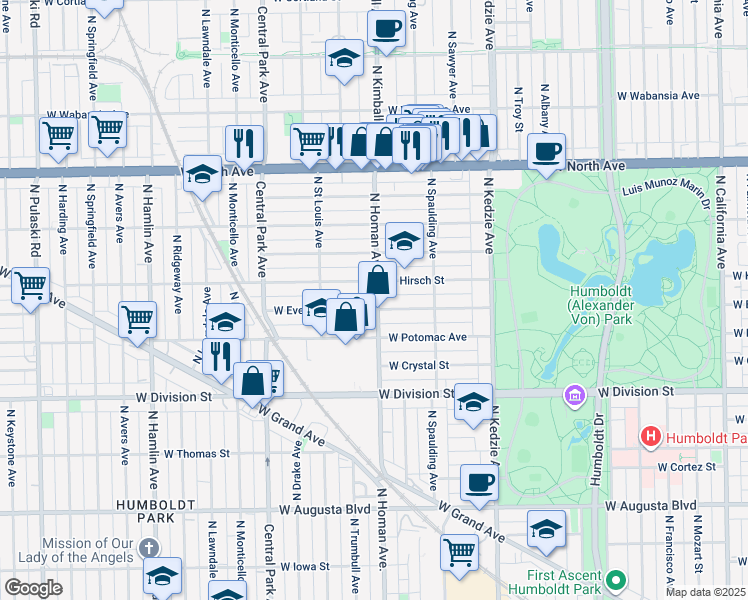 map of restaurants, bars, coffee shops, grocery stores, and more near 3419 West Evergreen Avenue in Chicago