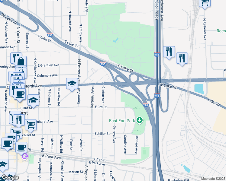 map of restaurants, bars, coffee shops, grocery stores, and more near 316 Geneva Avenue in Elmhurst