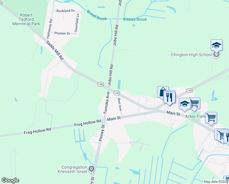 map of restaurants, bars, coffee shops, grocery stores, and more near 162 Maple Street in Ellington