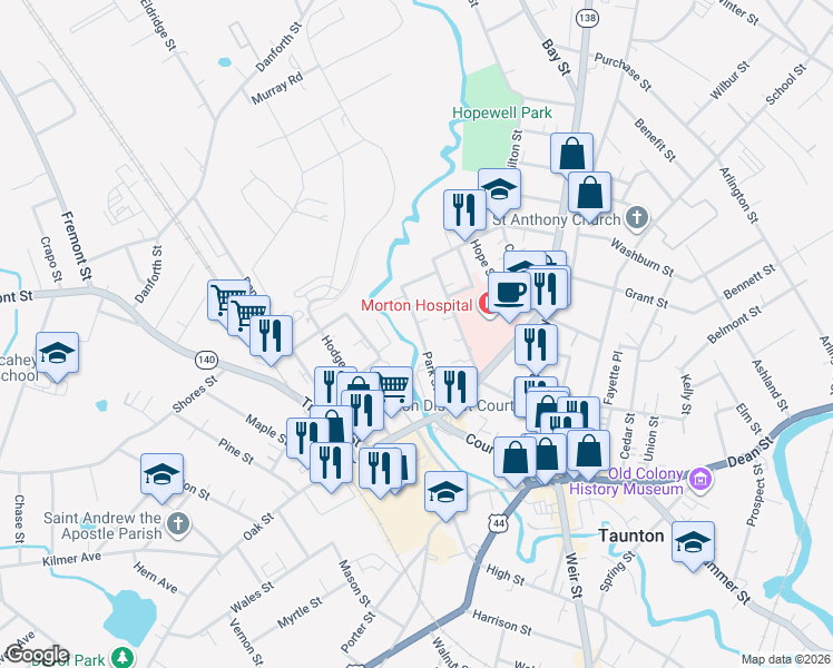 map of restaurants, bars, coffee shops, grocery stores, and more near 40 Park Street in Taunton