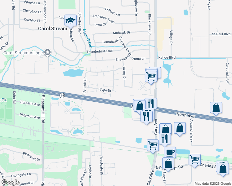 map of restaurants, bars, coffee shops, grocery stores, and more near 238 Sype Drive in Carol Stream