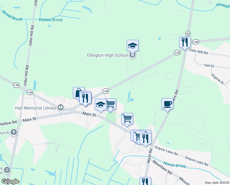 map of restaurants, bars, coffee shops, grocery stores, and more near 62 Maple Street in Ellington