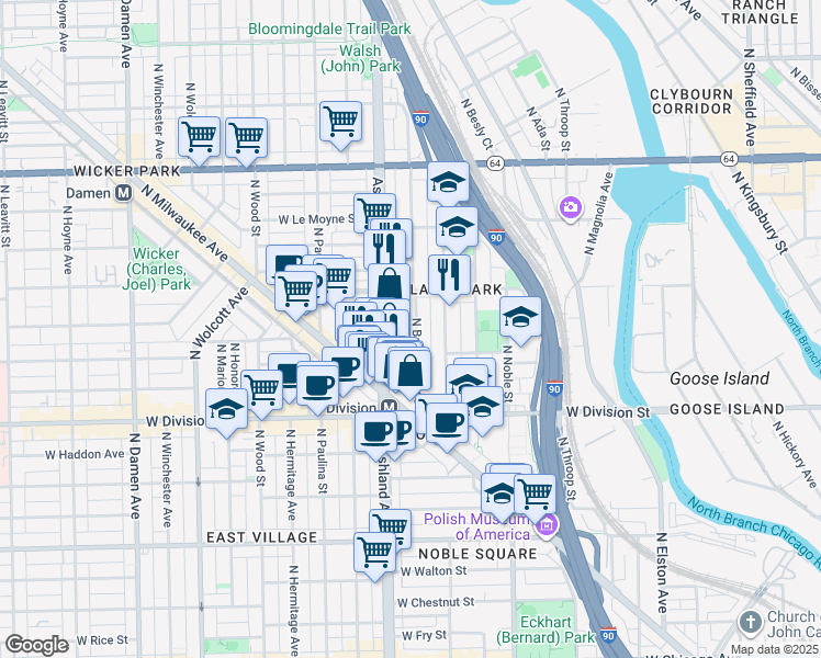 map of restaurants, bars, coffee shops, grocery stores, and more near 1311 North Bosworth Avenue in Chicago